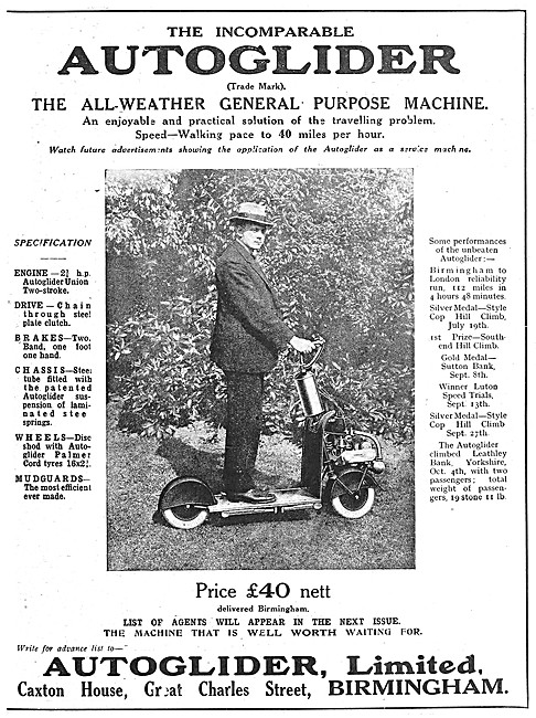 Autoglider Motor Scooter 1919 Advert                             