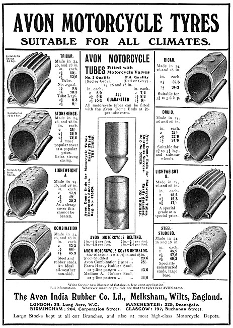 The 1912 Illustrated  Range Of  Avon Motorcycle Tyres            