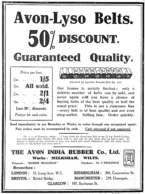 Avon Motor Cycle Tyres - Avon-Lyso Motor Cycle Belts 1912 Advert 