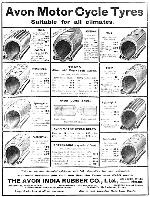 1912 Avon Motor Cycle Tyre Chart & Specifications                