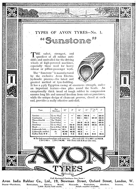 Avon Motorcycle Tyres - Avon Sunstone Motor Cycle Tyres 1916     