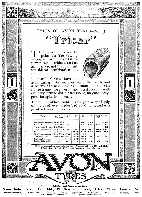 Avon Motorcycle Tyres - Avon Tricar Motor Cycle Tyres 1916       