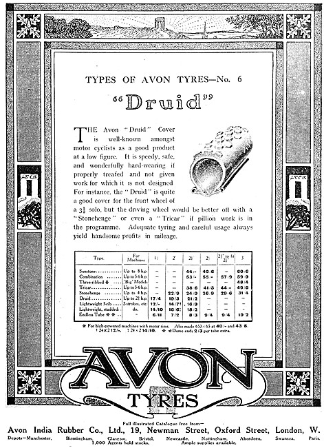 Avon Motorcycle Tyres - Avon Druid Motor Cycle Tyres 1916        