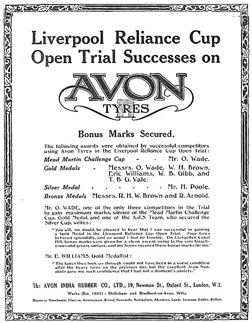 Avon Motor Cycle Tyres 1919 Advert                               