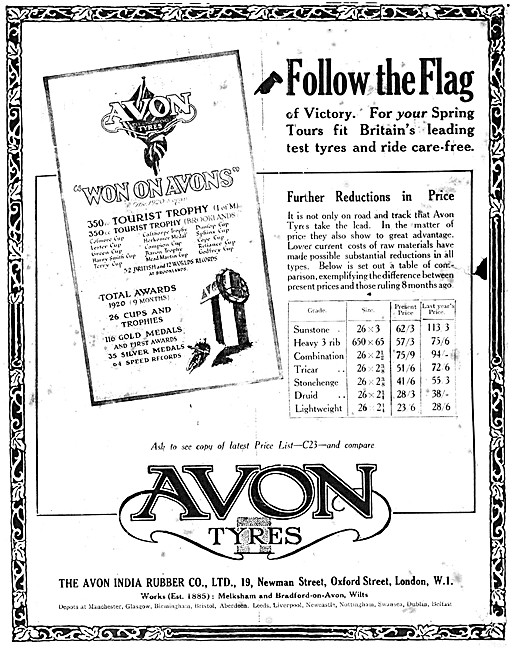 Avon Motorcycle Tyres - Avon Motor Cycle Tyres 1921 Advert       