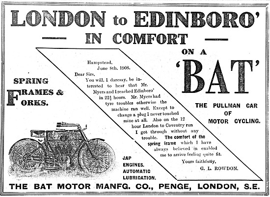 BAT Spring Frame Motor Cycles 1908 Advert                        