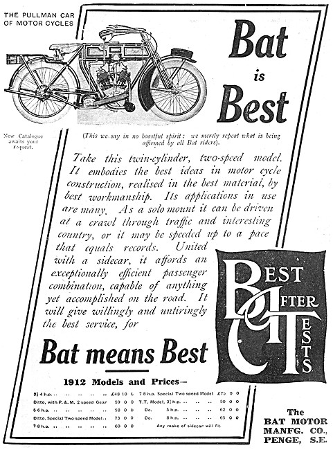 1912 BAT Motor Cycles Models & Prices                            