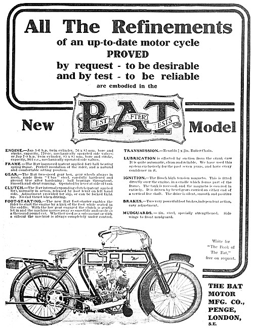 BAT 5-6 hp Motor Cycle 1912 Advert                               