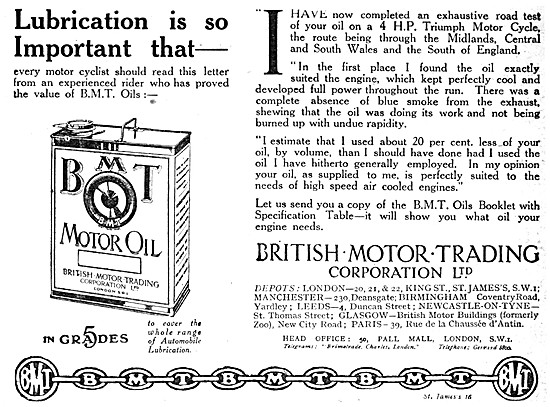 B.M.T.Motor Oil - BMT Motor Oil 1920 Advert                      