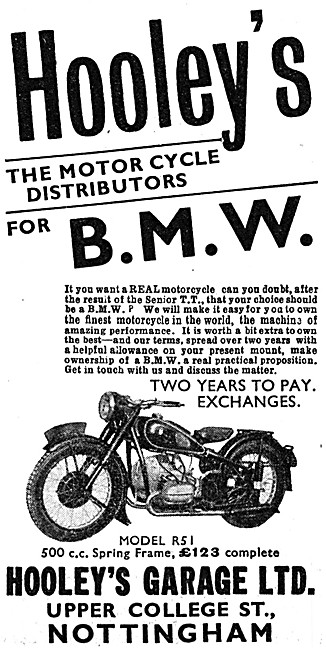 Hooleys Nottingham Distributors For BMW Motor Cycles 1939 Advert 