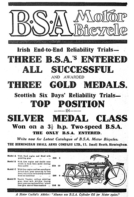 BSA Motorcycles - 1912 BSA  Motor Cycle Model Range              