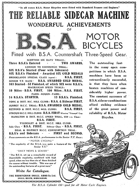 BSA Motorcycles - 1914 BSA Motor Cycle Combination               