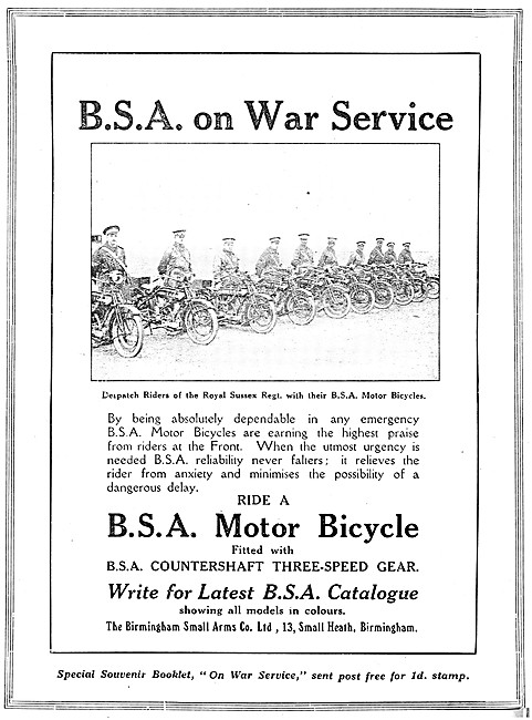 BSA Motor Cycles On War Service Advert                           