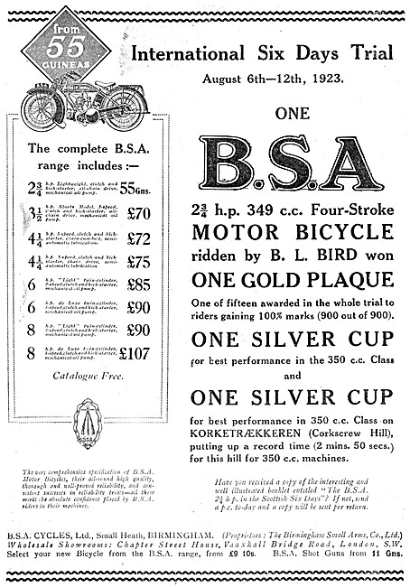 The 1923 BSA  Motor Cycle Range & Price List                     