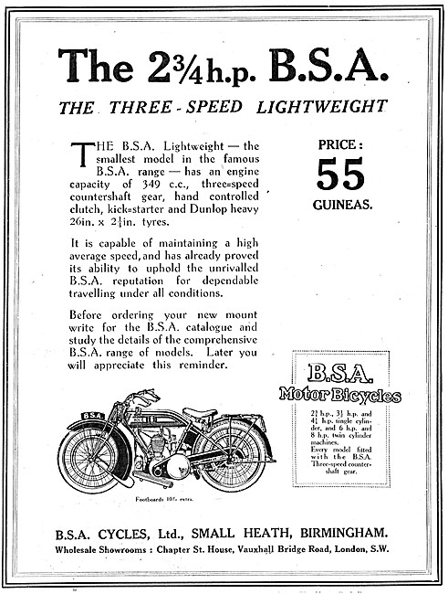 1923 BSA  350cc Motor Cycle                                      