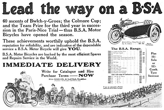 BSA  Motor Cycle Range For 1926                                  