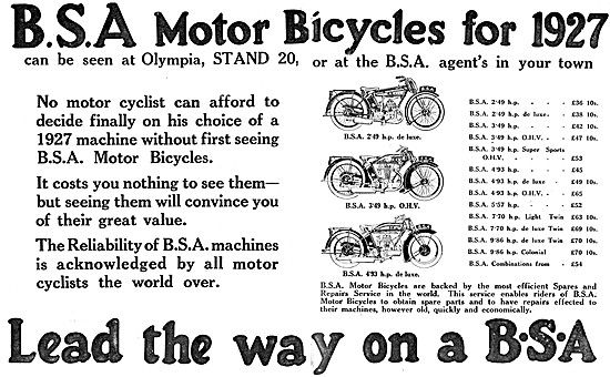 BSA 2.49 hp - BSA 4.93 hp Motor Cycles 1926                      