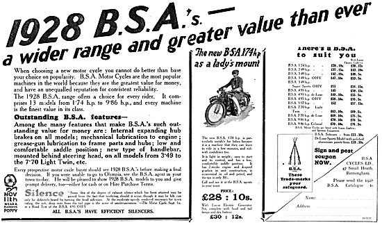 BSA  Motor Cycle Range For 1927 - BSA 1.74 hp Lady's Mount       