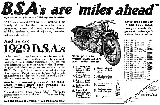 The Complete  BSA Motor Cycle Model Range For 1929               