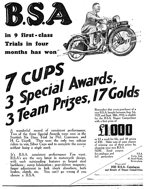 1930 BSA Motor Cycles Advert                                     