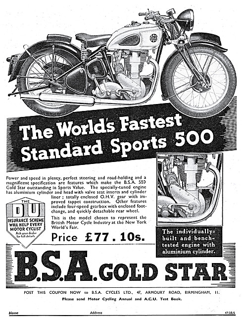 BSA Gold Star 500 cc 1939 Advert                                 