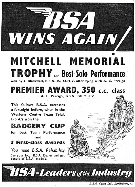 BSA 350 OHV Wins1945 Mitchell Memorial Trophy                    