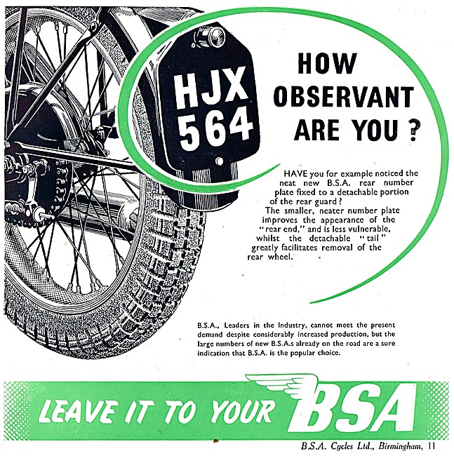 BSA Motor Cycle Advert 1946                                      