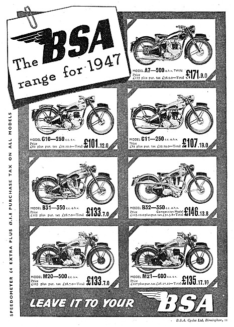 1946 BSA  Illustrated Motor Cycle Model Range Advert             