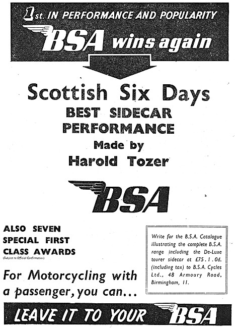 BSA 1950 Scottish Six Days Trial Sidecar Success                 