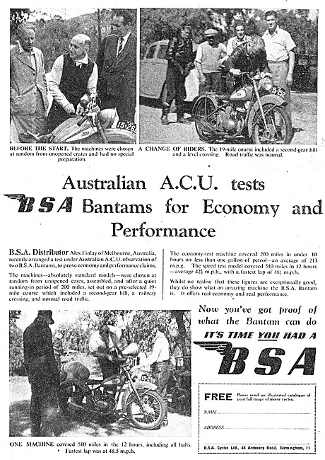 BSA  Bantam 1950 ACU Economy Trial Successes                     