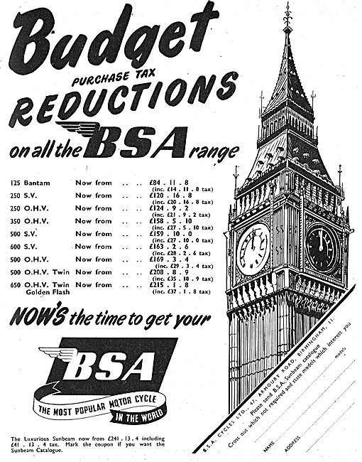BSA Motor Cycles Price Reductions 1953                           