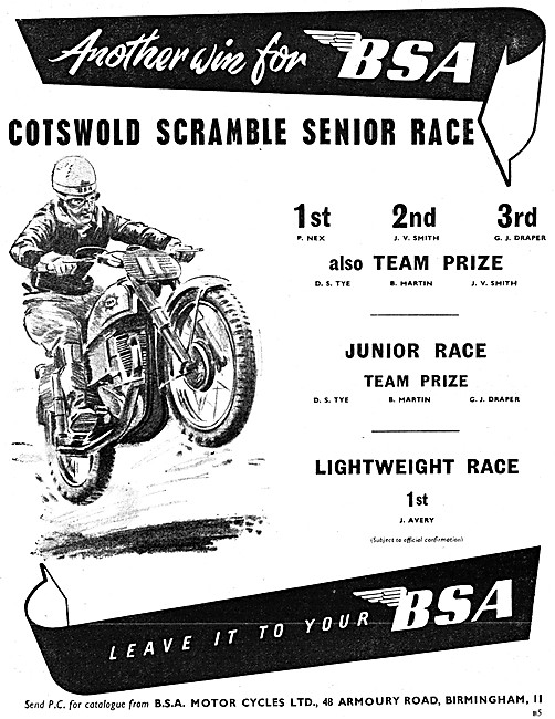 1954 BSA Motor Cycle Scrambling Successes                        
