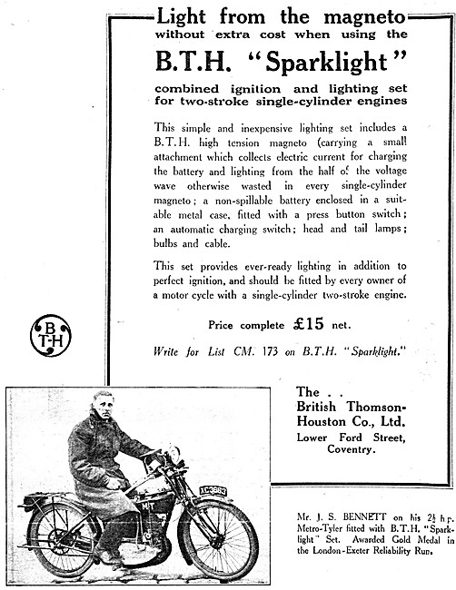 BTH Sparklight Combined Ignition & Lighting Set 1921 Advert      