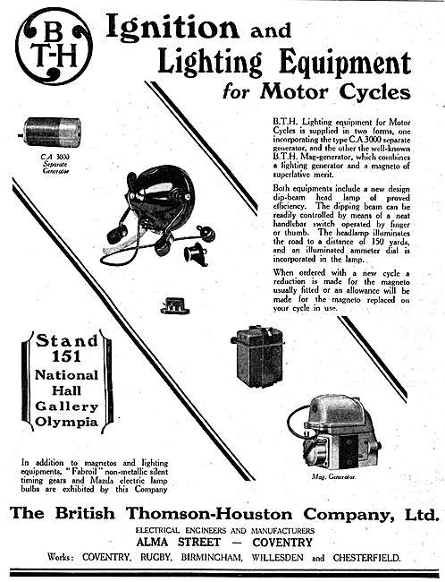 BTH Lighting Equipment For Motor Cycles 1930                     