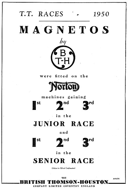 BTH Magnetos 1950 Advert                                         