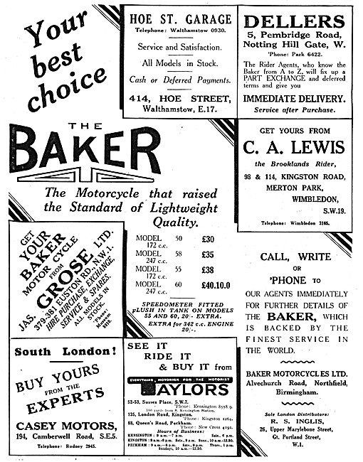 Baker Motor Cycles Model Listings For 1929                       