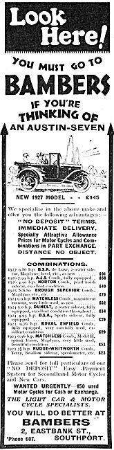 Bambers Motor Cycle Dealership 1927 Advert                       