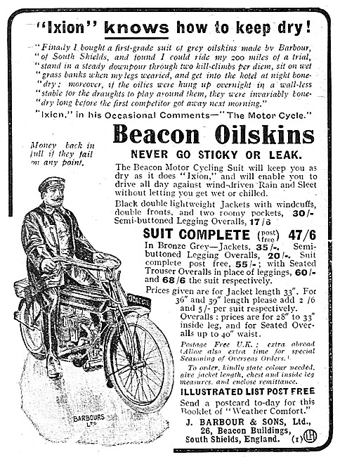 Barbour Beacon Oilskins 1920 Advert - Barbour Motor Cycle Suits  