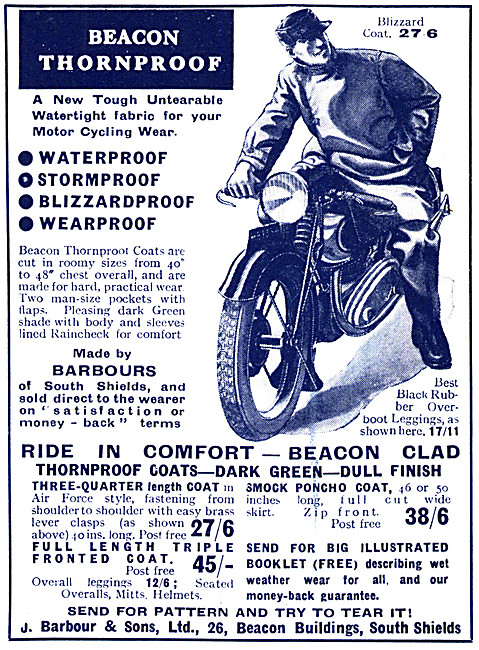 Barbour Beacon Thornproof Motorcycliing Wear 1934 Style          