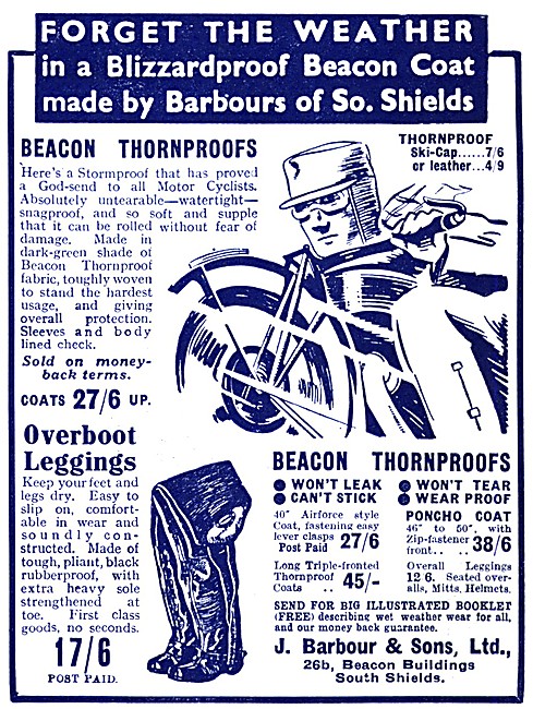 Barbour Beacon Thornproof Motor Cycle Suits 1936 Pattern         