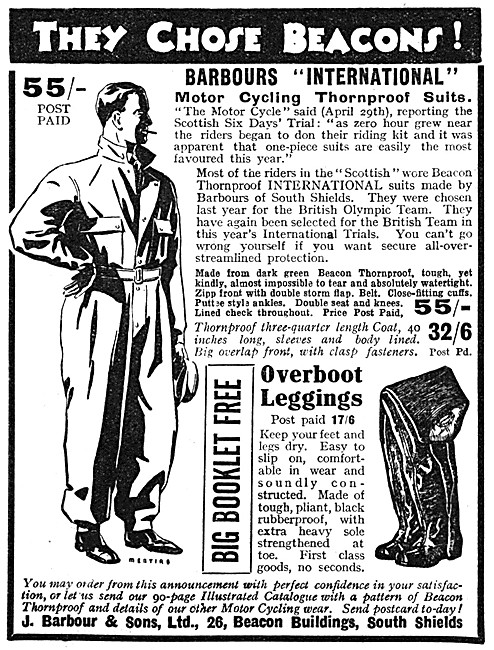 Barbour International Thornproof Suits For Motorcyclists 1937    