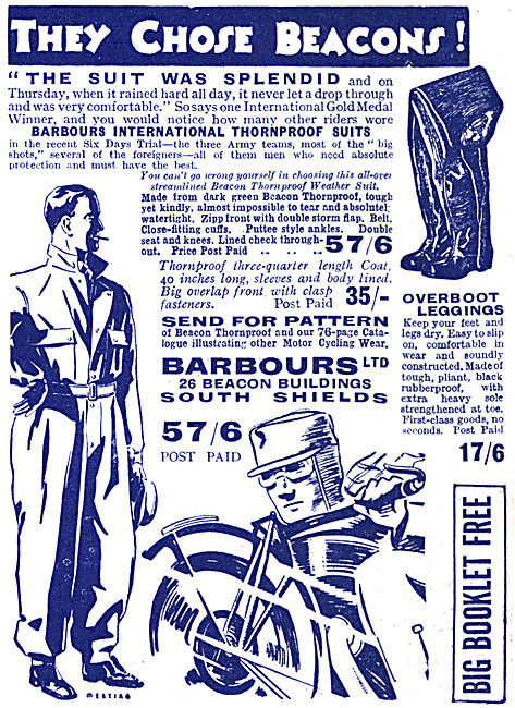 Barbour Motor Cycle Suits 1938 Pattern                           