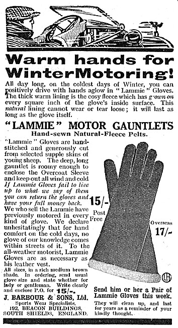 Barbour Suits For Motorcyclists - Barbour Lammie Gauntlets 1938  