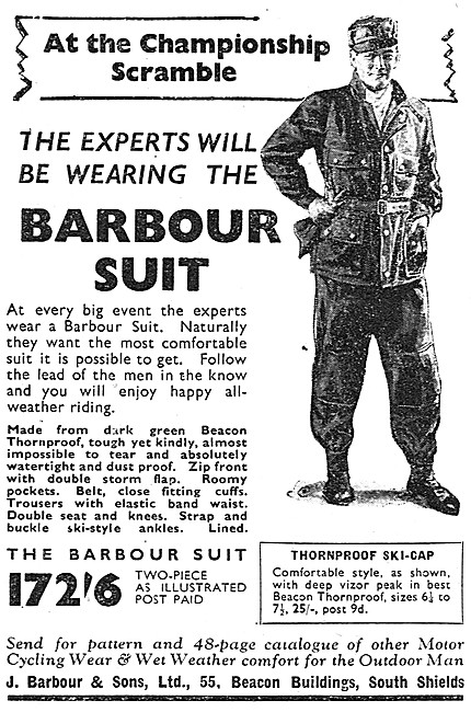 1950 Barbour Suit & Thronprrof Ski-Cap For Motorcyclists         