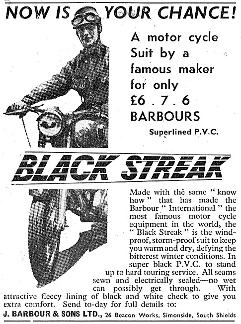 The 1960 Barbour Black Streak Motor Cycle Suit                   