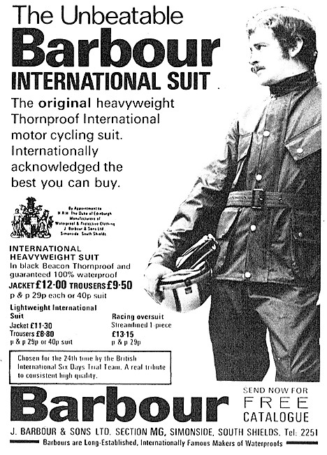 Barbour Suits For Motorcyclists - Barbour Jackets 1972 Pattern   