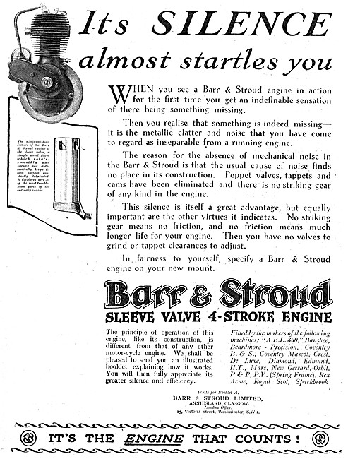 Barr & Stroud Sleeve Valve Motor Cycle Engines 1923 Advert       