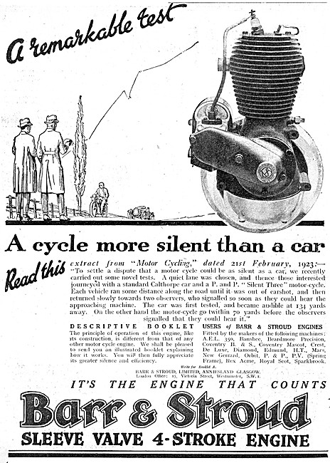 Barr & Stroud Sleeve Valve Motorcycle Engines 1923 Advert        
