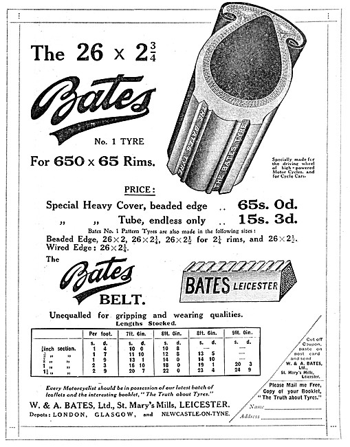 Bates Motor CycleTyres - Bates Tyres 1913  Advert                
