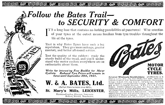 Bates Motor CycleTyres - Bates Tyres 1921 Advert                 